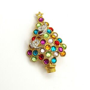Vintage RJ Graziano 2000 Christmas Tree Brooch Multi Color Rhinestone Gold Tone